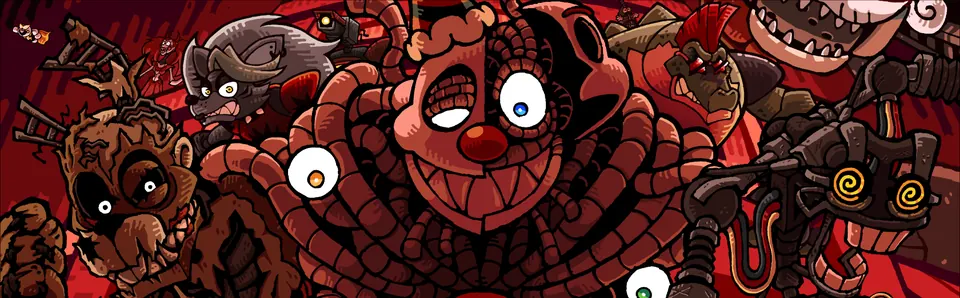 Five Nights at Frickbear's Four Layers Down key art with a crowd of animatronics