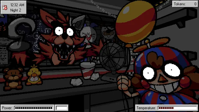 Frickbears 3 office at Night 2 with Balloon Boy and Foxy, power and temperature bars
