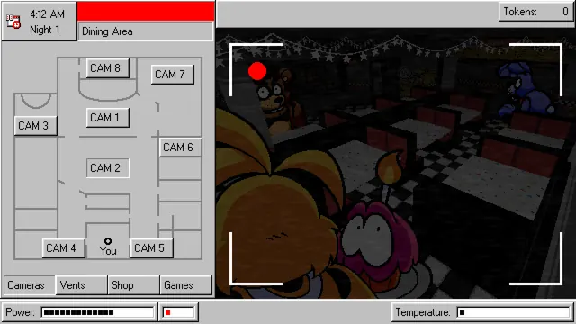 Frickbears 3 camera map with CAM 1 to CAM 8 and the Cameras, Vents, Shop and Games tabs