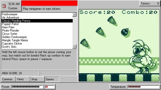 Frickbears 3 monitor minigame list with Fredsweeper, Chica's Feeding Frenzy and Scott's Slots