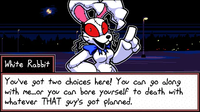Frickbears 3 parking lot cutscene with White Rabbit offering two choices